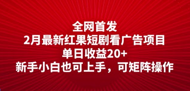 全网首发，2月最新红果短剧看广告项目，单日收益20+，新手小白也可上手，可矩阵操作-搞钱蓝图