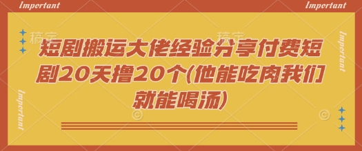 短剧搬运大佬经验分享付费短剧20天撸20个(他能吃肉我们就能喝汤)-搞钱蓝图